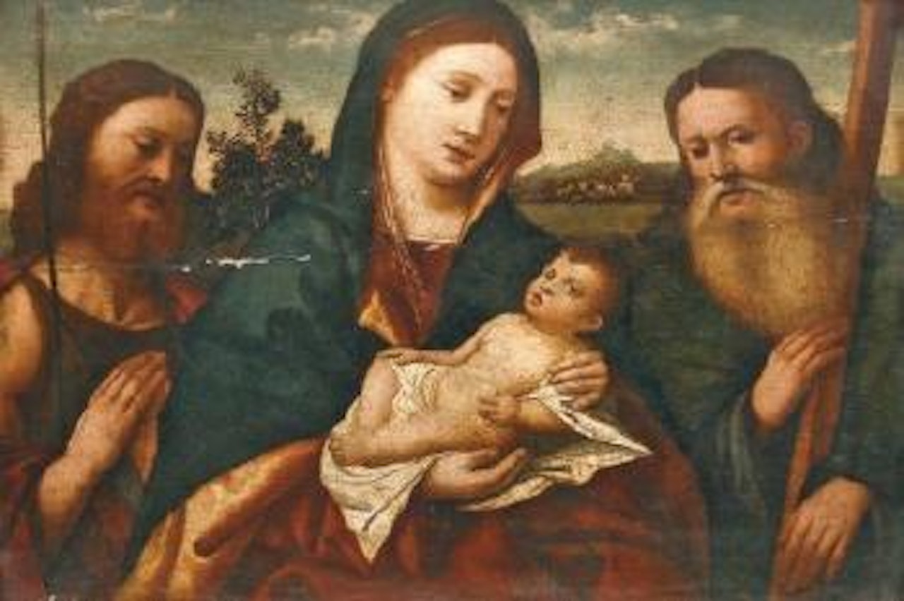 Vierge à l'Enfant entourée de Saint Jean-Baptiste et de Saint André by Francesco di Simone da Santacroce by Venetian School