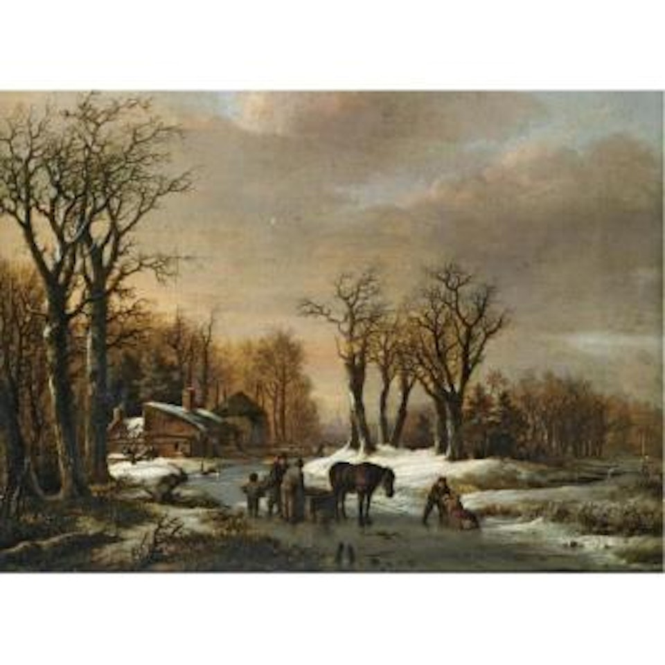 A Winter Landscape With Skaters And Figures By A Horse Sledge On The Ice by Barend Cornelis Koekkoek