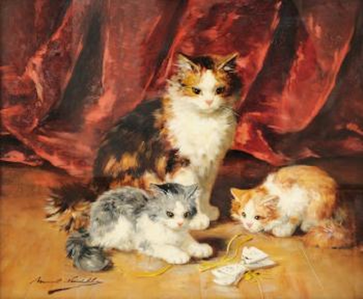 Chatte et deux chatons jouant avec un ruban devant une draperie rouge by Alfred Arthur Brunel de Neuville
