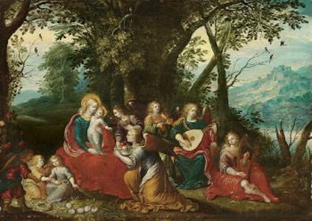 Madonna mit Kind und Engeln in einer Waldlandschaft by Abraham Govaerts