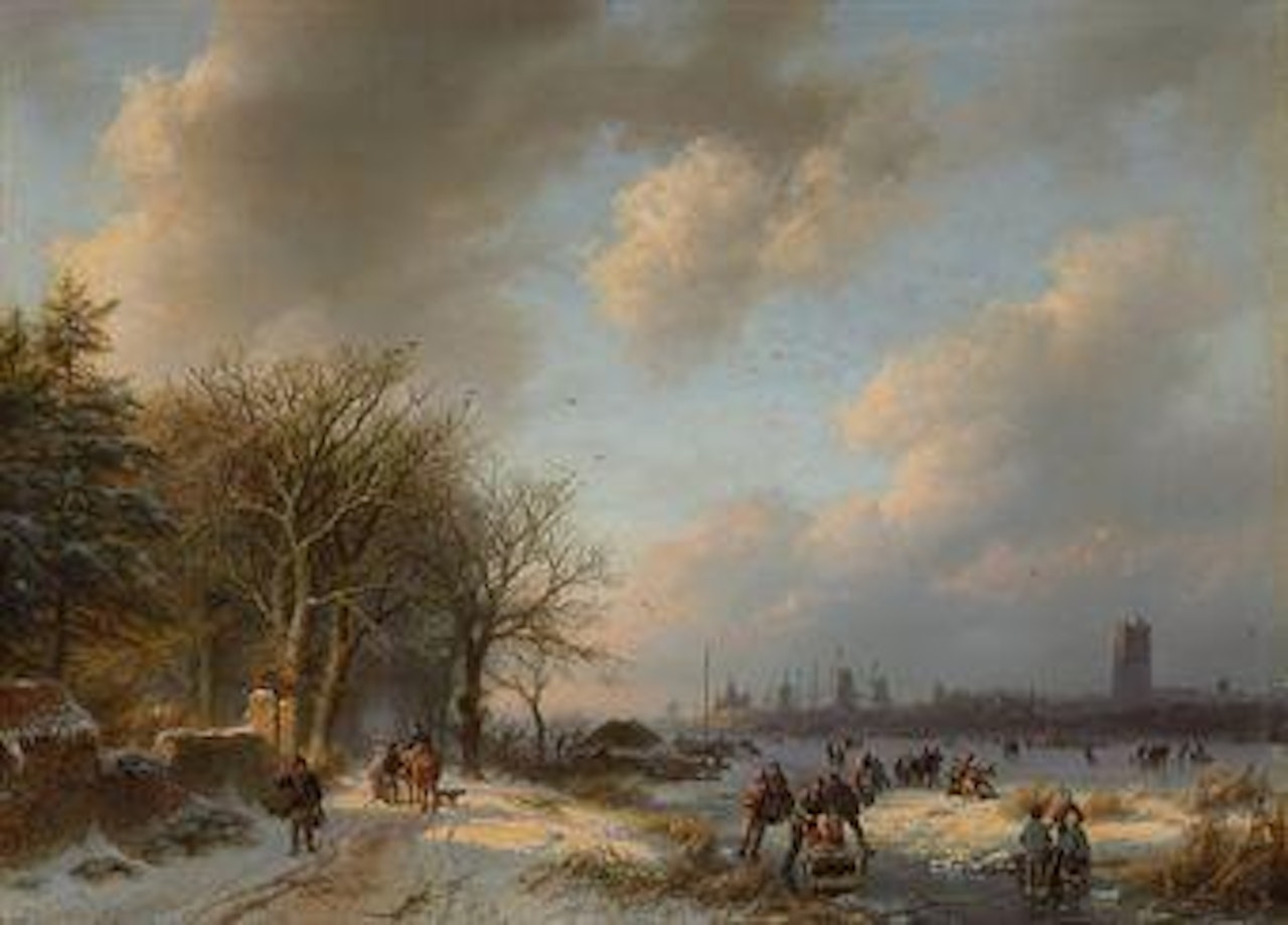 Skaters on a waterway with a koek-en-zopie beyond by Barend Cornelis Koekkoek