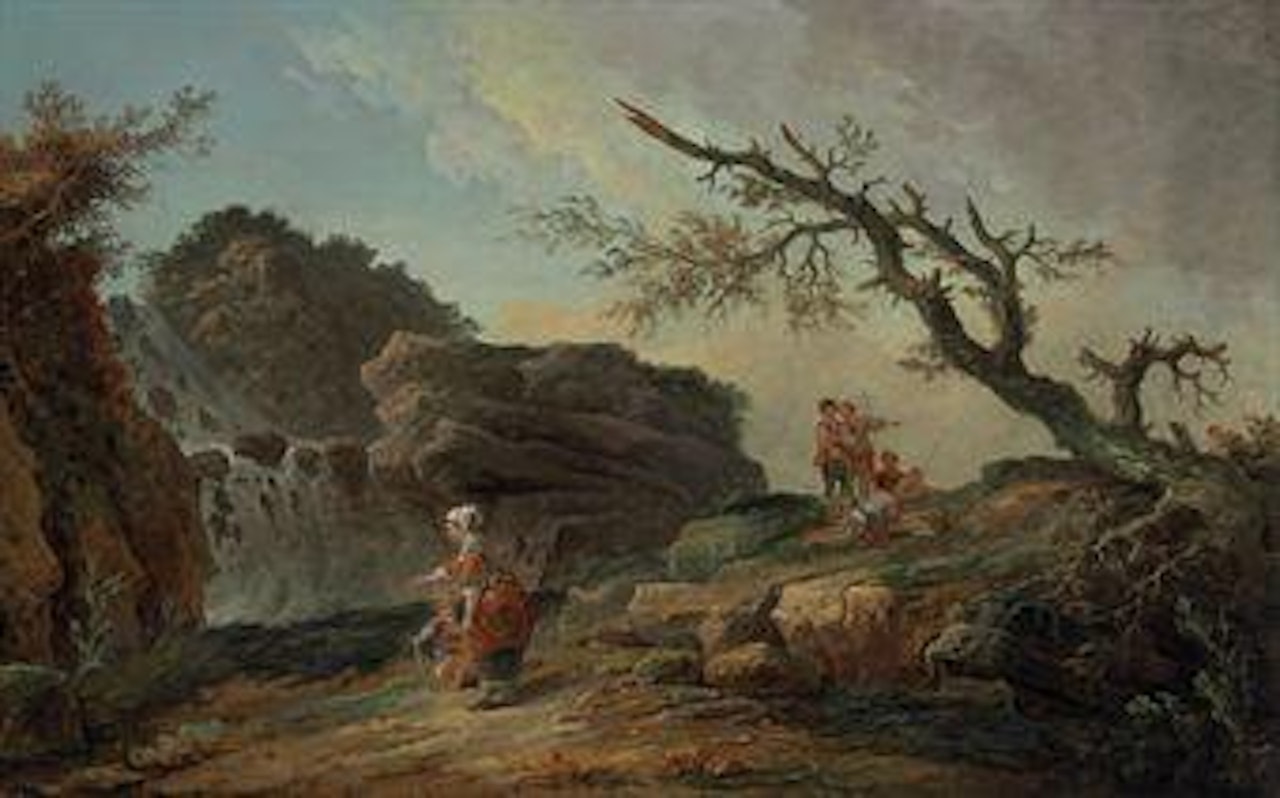La Cascade: a rocky hillside with a peasant woman and child near a waterfall and boys resting by a blasted tree by Hubert Robert