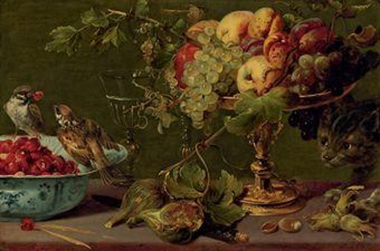 Fruit in a silver gilt tazza, birds picking fraises des bois from a Wan-li porcelain bowl, a façon de Venise glass, a knife, figs and hazelnuts on a ledge with a cat looking on by Frans Snyders