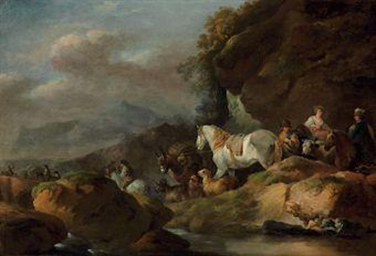 A herder and travelers on a mountain pass near a stream by Francesco Giuseppe Casanova