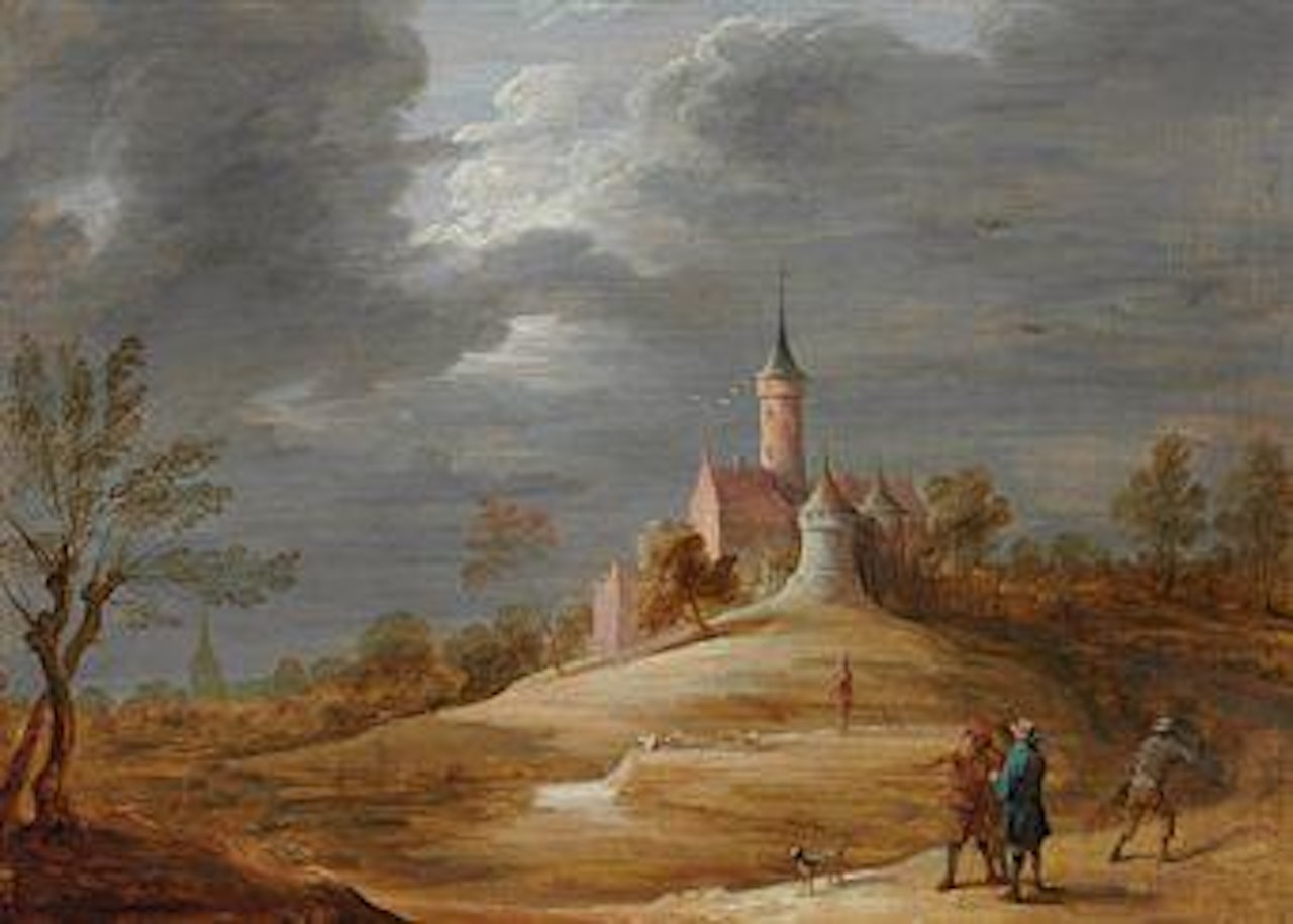 Figures in a landscape with a castle beyond by David Teniers II