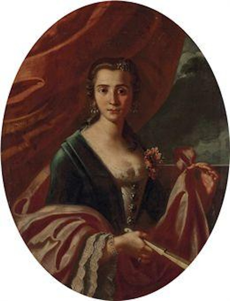 Portrait of a lady, half-length, holding a fan with a red curtain behind by Neapolitan School