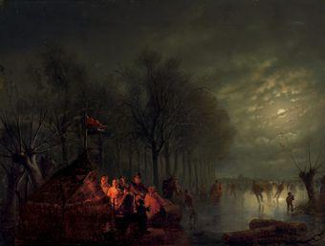 Skaters near a koek-en-zopie by moonlight by Petrus van Schendel