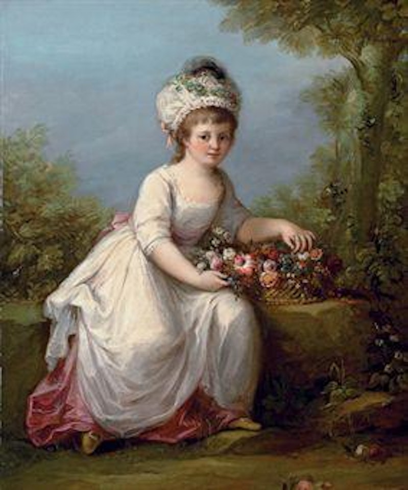 Portrait of a young girl, full-length, seated in a white dress with a basket of flowers, in a landscape by Angelica Kauffmann