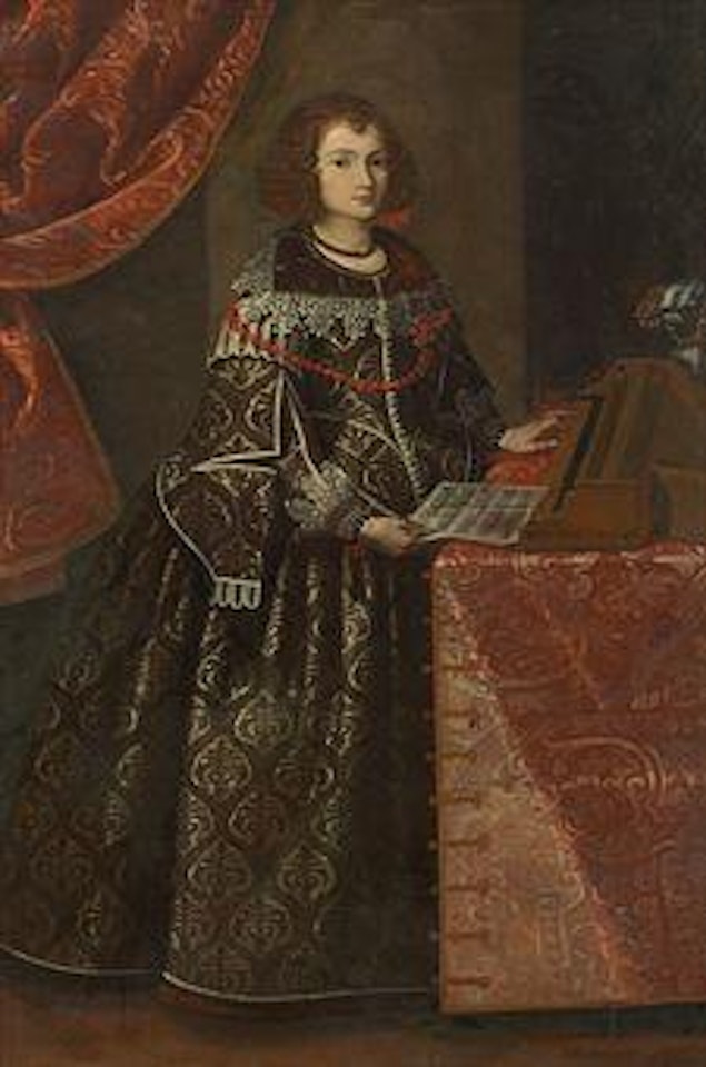 Portrait of a lady, standing full-length, playing the harpsichord by Pier Francesco Cittadini