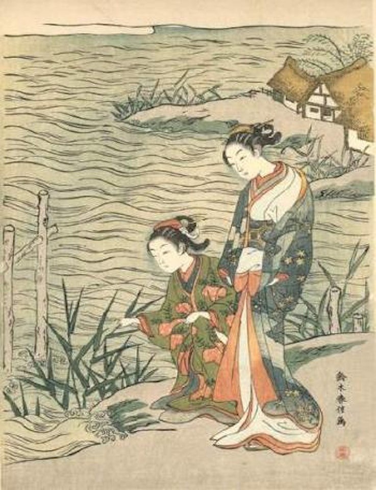 Deux jeunes femmes cueillant des roseaux près d'une rivière by Suzuki Harunobu
