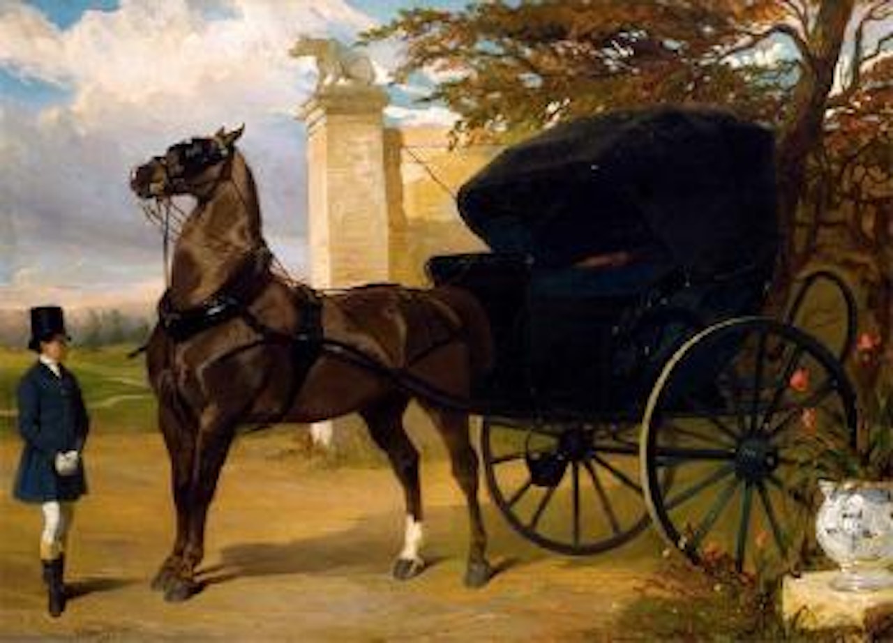 Cabriolet devant le portail; attelage et groom devant un portail by Alfred de Dreux