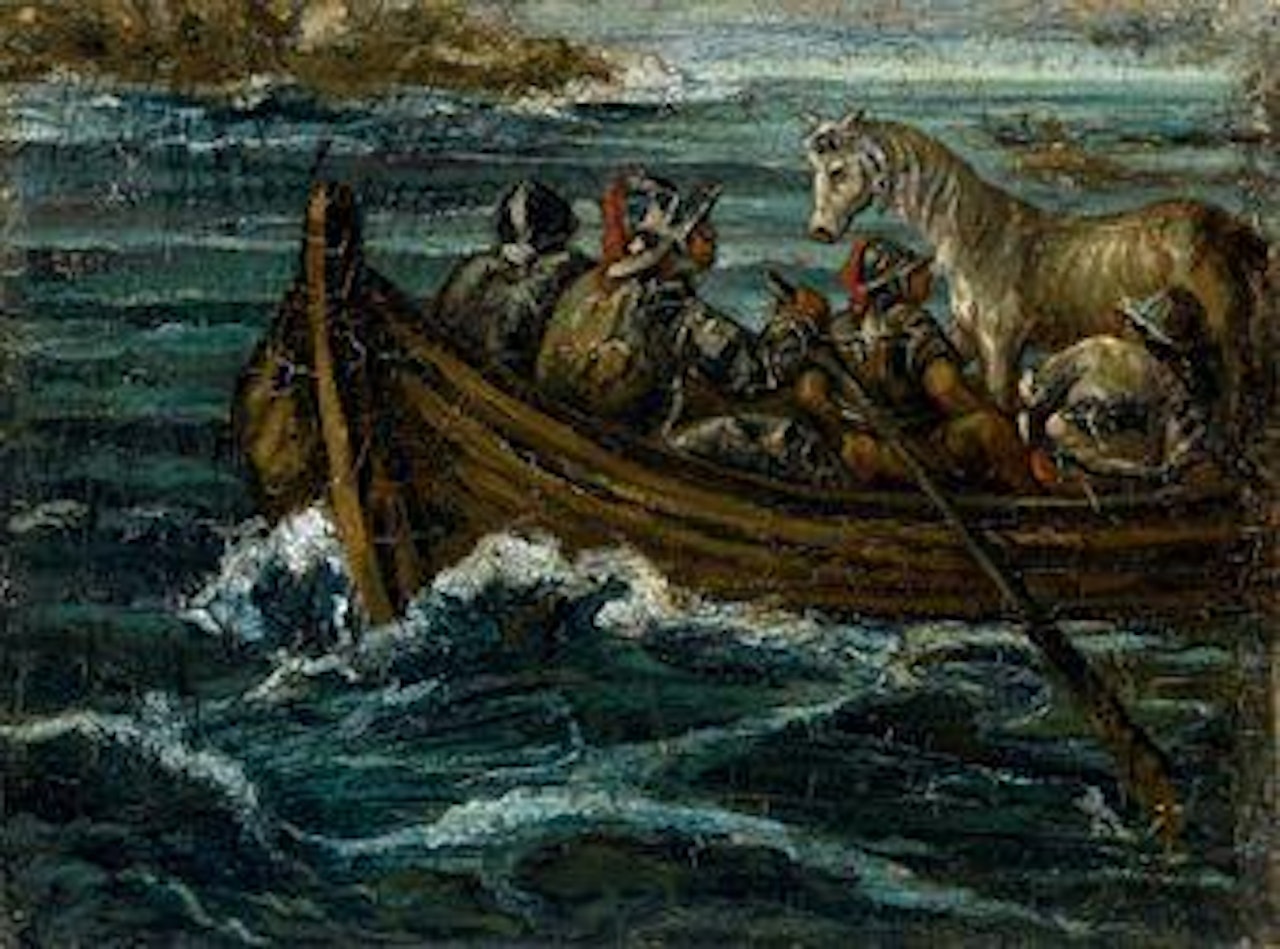 Traghetto con guerrieri e cavallo by Giorgio de Chirico