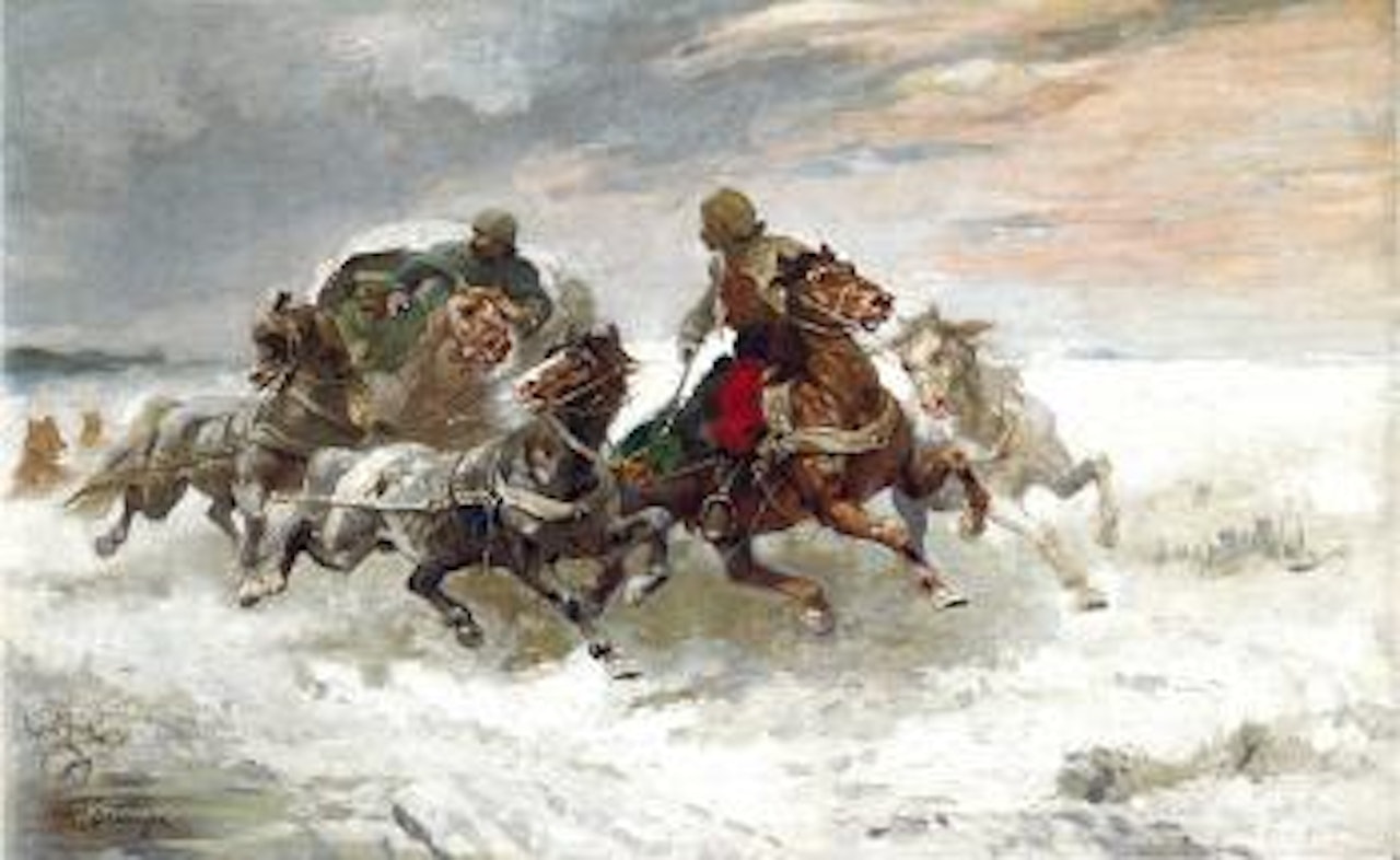 Funfergespann von Wolfen verfolgt by Adolf Schreyer