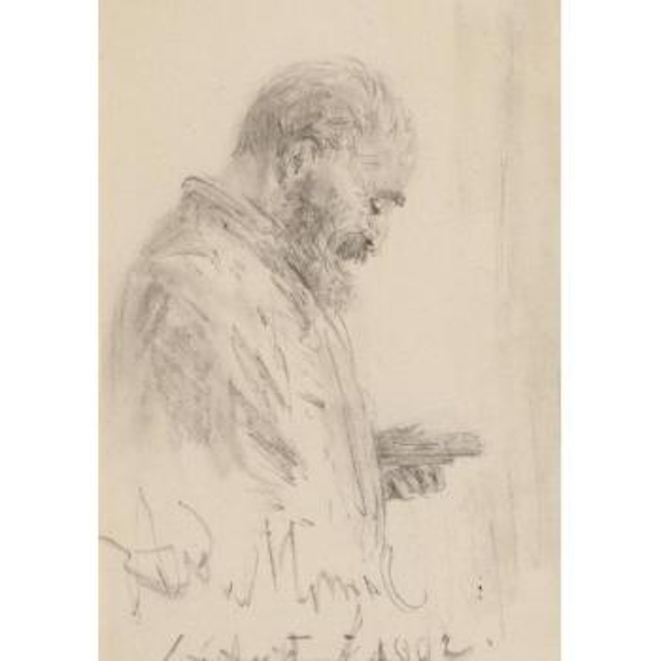 Study Of A Man Holding A Sketch Pad And A Box Of Pencils by Adolph Menzel