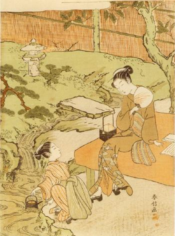 Deux Jeunes Femmes Assises Dans Un Jardin Près D'un Cours D'eau by Suzuki Harunobu