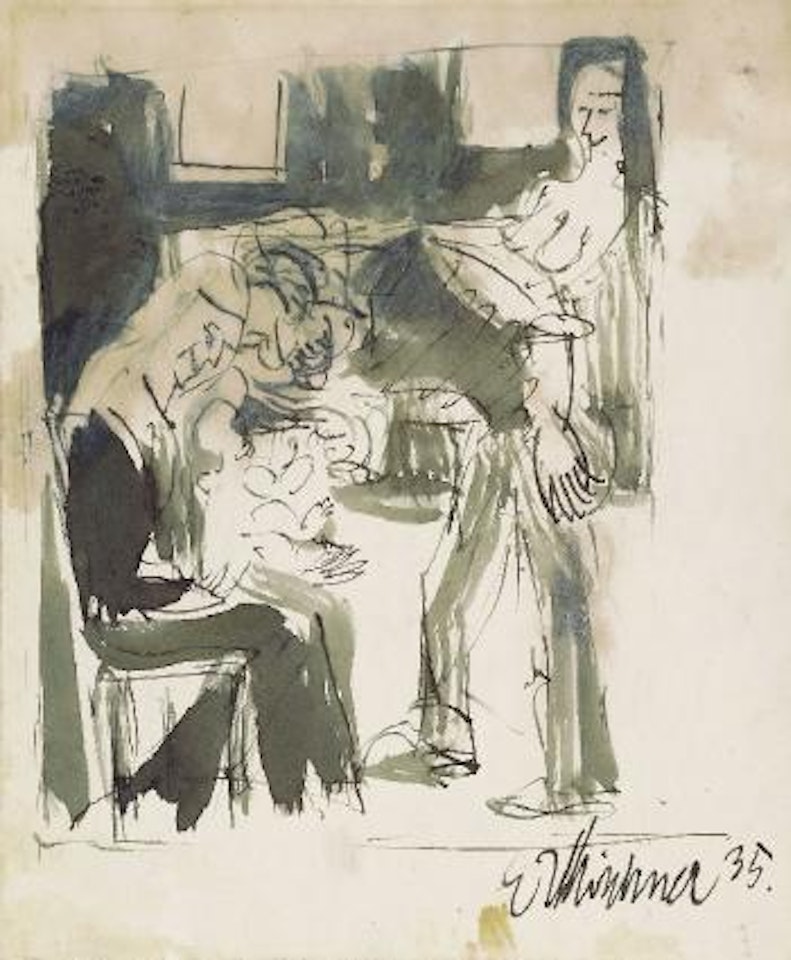 Figurliche Szene (Junge Frauen mit Kleinkind).  Sitznede Katze am Fenster, vor der Holzfigur 'Doppelbildnis Ernst Ludwig Kirhcner und Erna' by Ernst Ludwig Kirchner