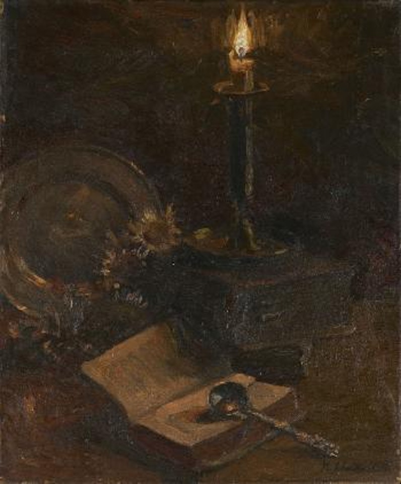 Ohne Titel (Stilleben mit Kerze, Zinnteller und Buchern) by Kurt Schwitters