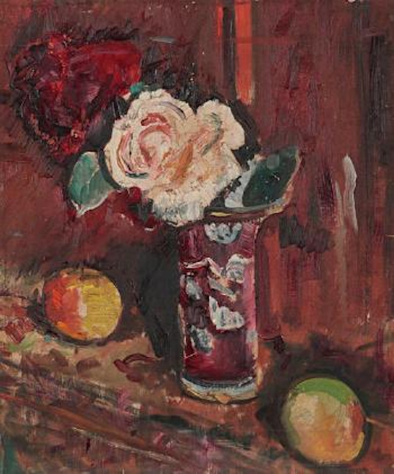 Still life of cream and red roses and fruit by George Leslie Hunter
