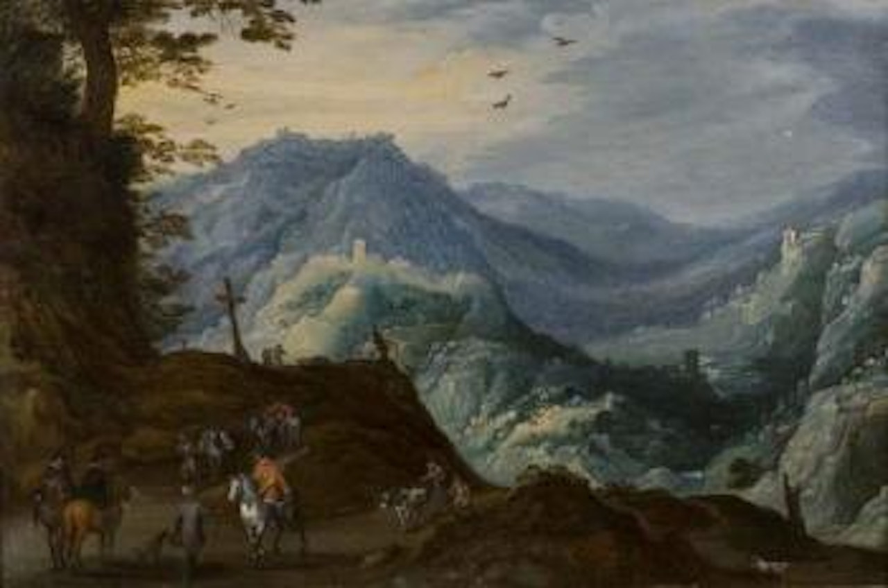 Cavaliers et paysans dans un paysage panoramique by Joos de Momper the Younger