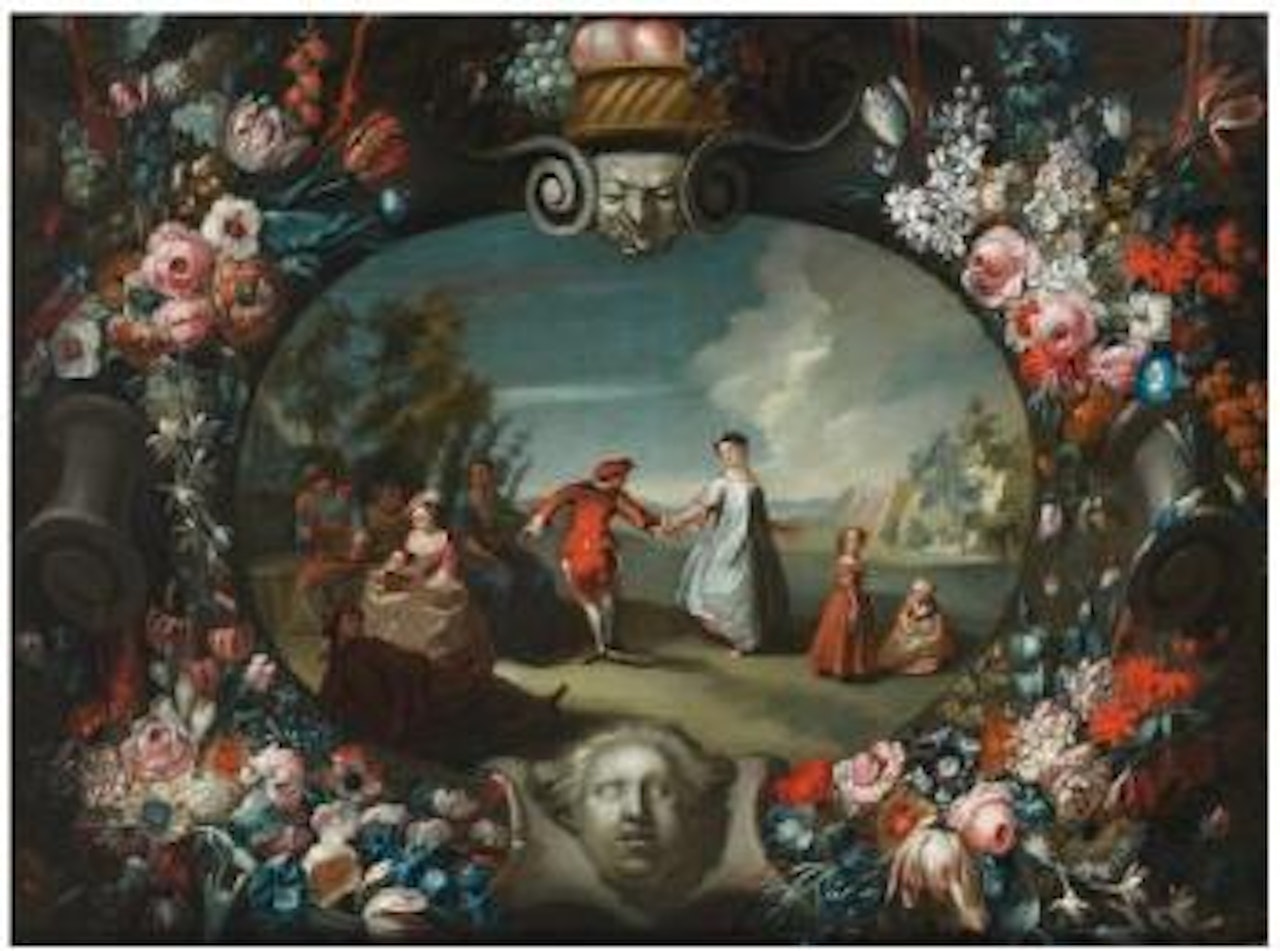 Scène de danse dans une guirlande de fleurs by German School