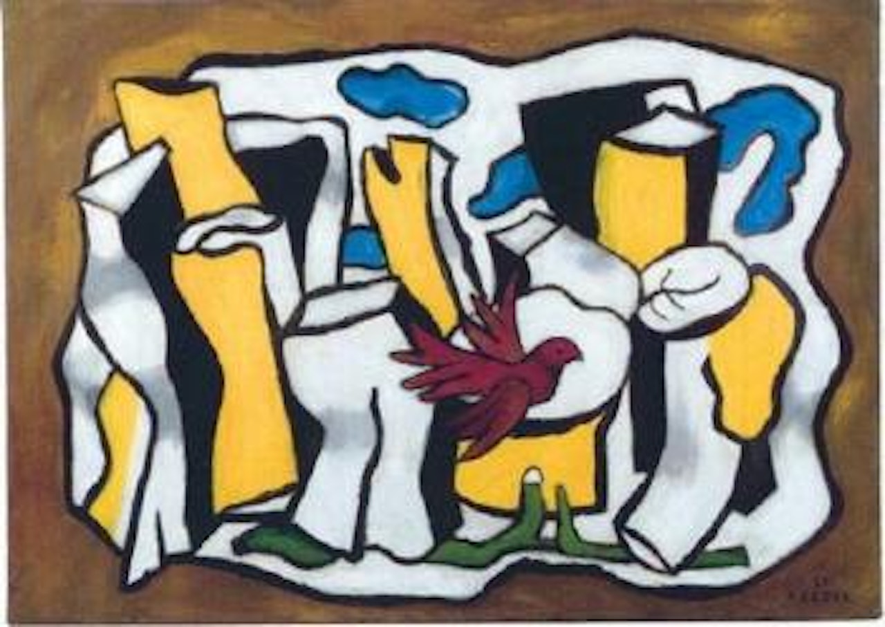 Un oiseau rouge des branches devant des troncs d'arbres by Fernand Leger
