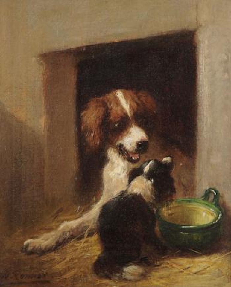 Two dogs near a doghouse by Henriette Ronner-Knip