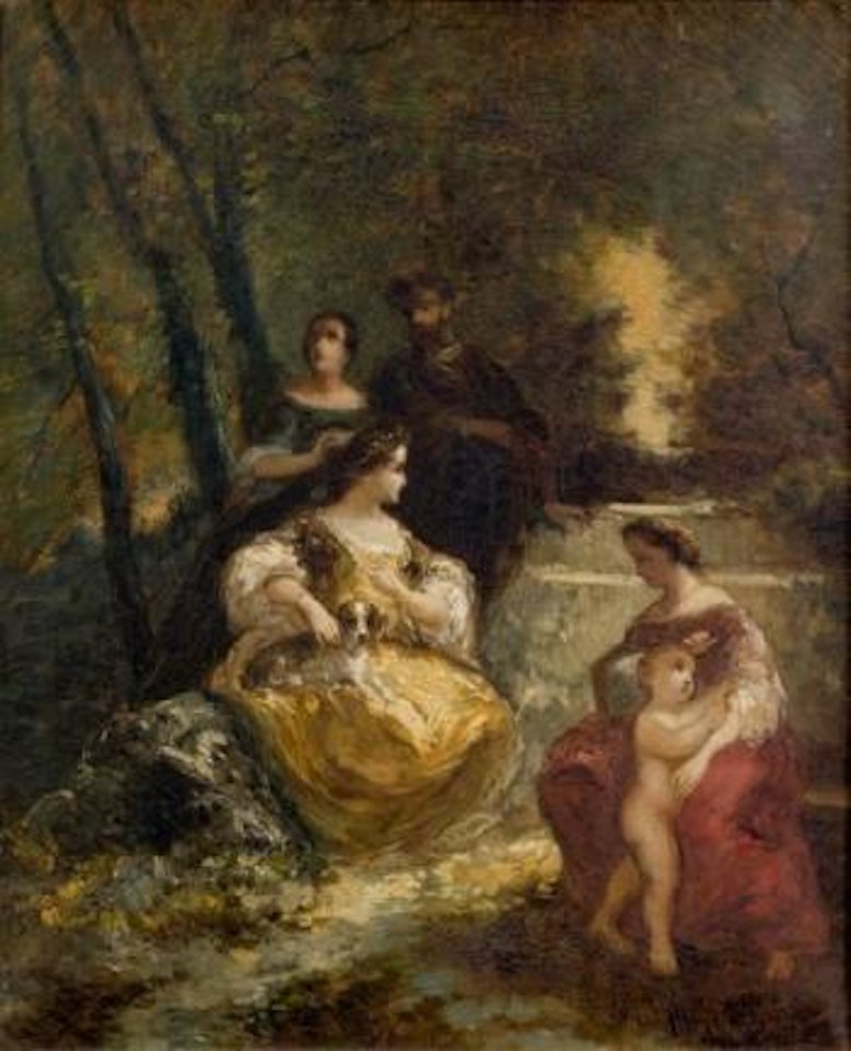 Personnages et chien dans un parc by Adolphe Monticelli