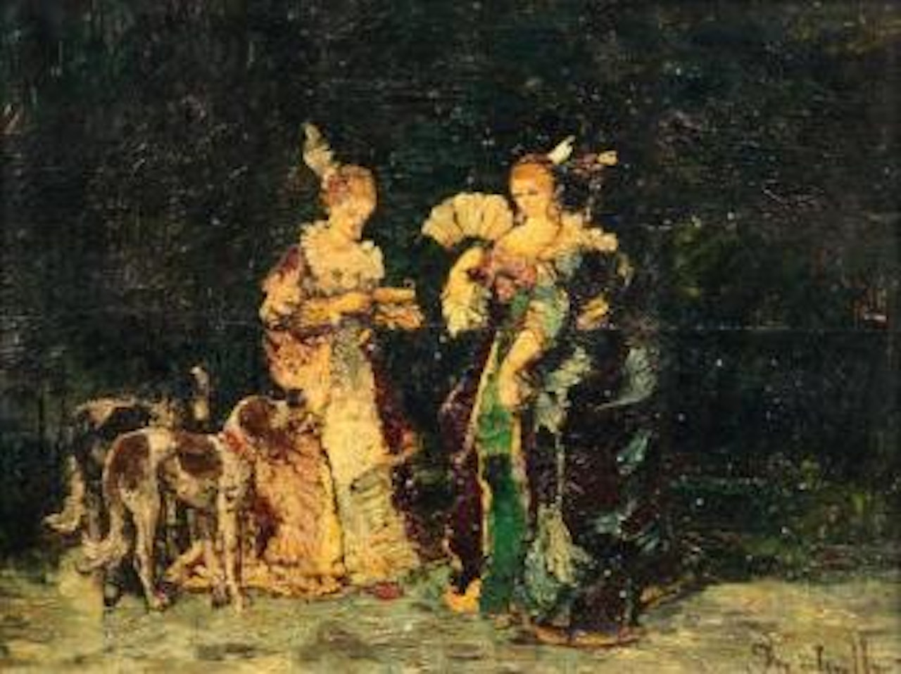 Trois élégantes aux deux chiens by Adolphe Monticelli