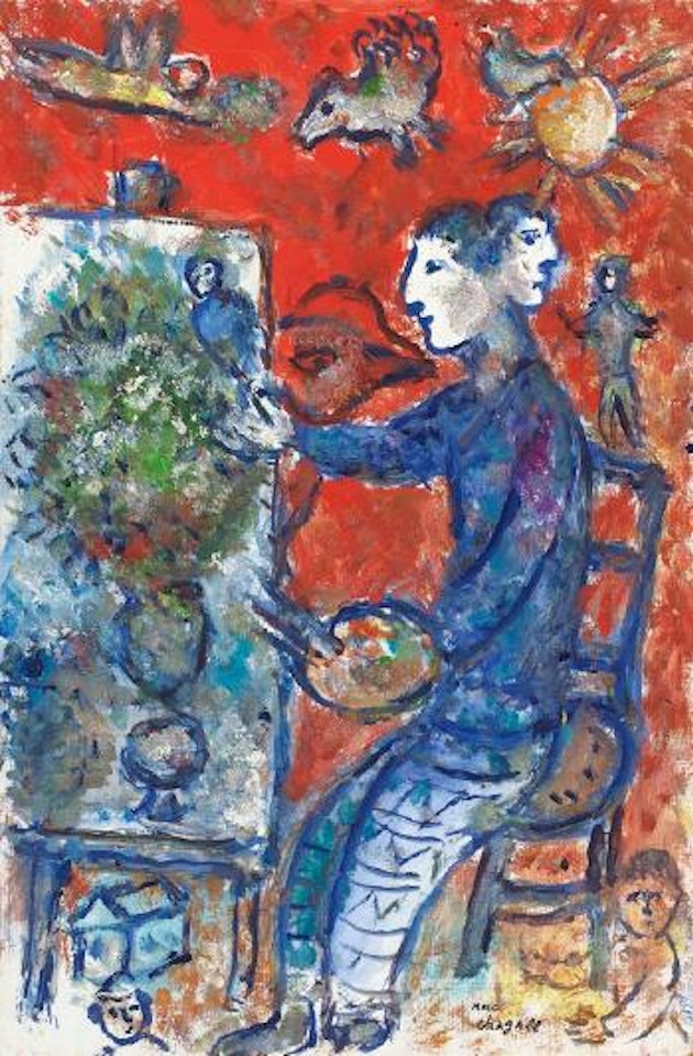 Peintre (autoportrait) en double profil sur fond rouge au chevalet by Marc Chagall