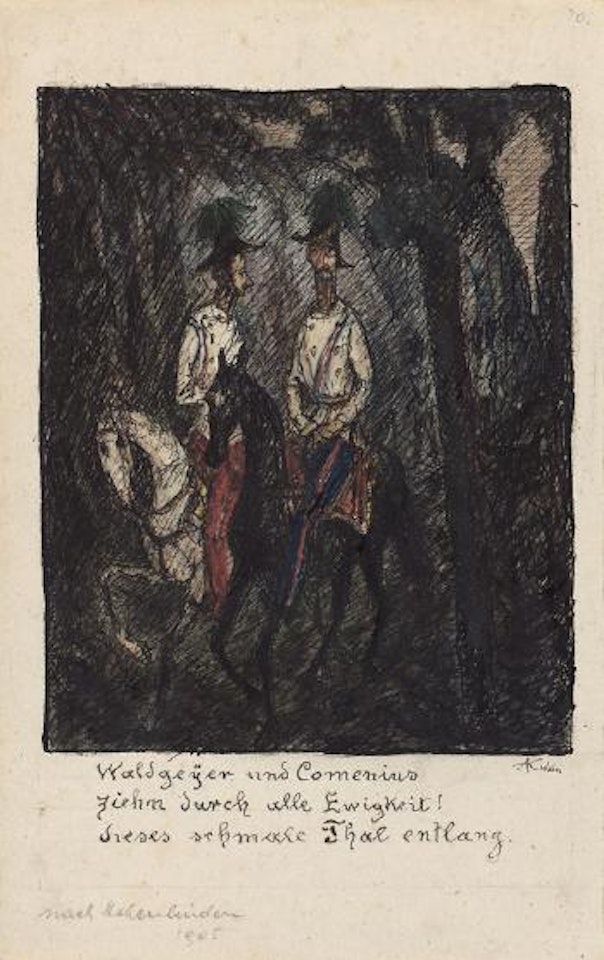 Waldgeyer und Comenius zu Pferd in einem Wald by Alfred Kubin