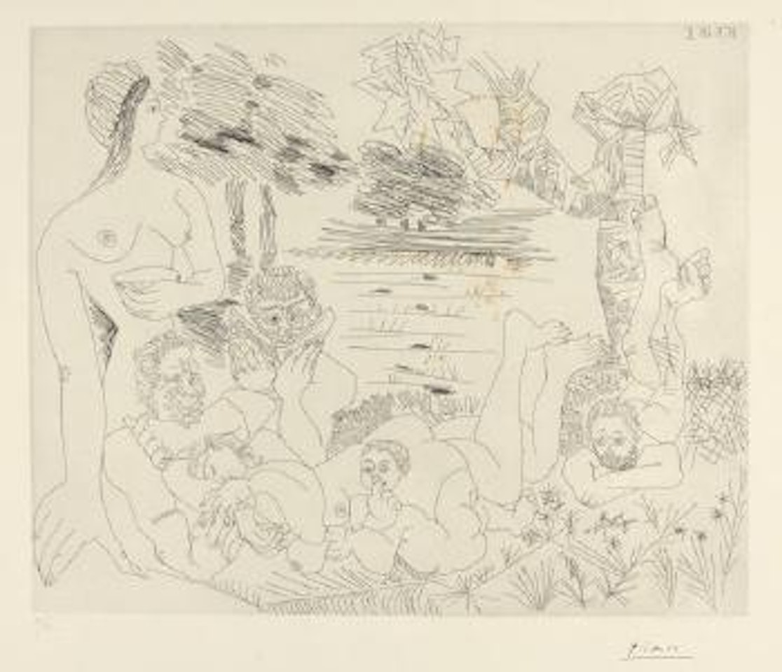 Scene pastorale poussinesque sur le theme de Pan et Syrinx [Baer 1701/B/b/1 (v. C). Bl. 1685] by Pablo Picasso