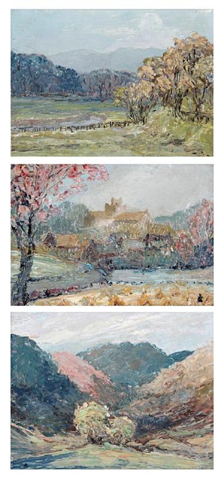 Landscapes near Cartmel; Early Morning, Cartmel, September Mists on the Walker Mosses, and Golden Sunlight near Grasmere by Helen Bradley
