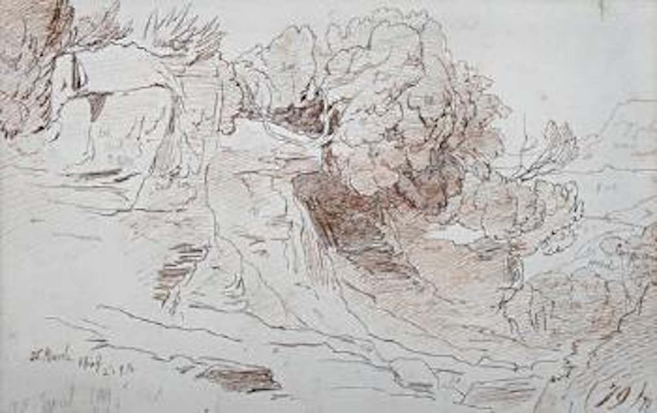 A wooded landscape with rock outcrop by Edward Lear
