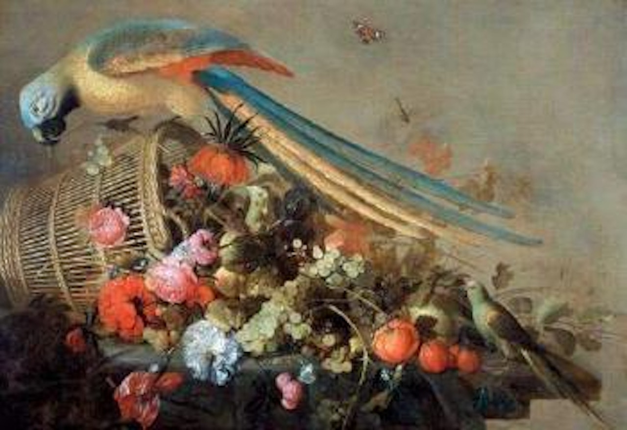 Nature morte au perroquet et a la corbeille de fruits et de fleurs by Cornelis de Heem