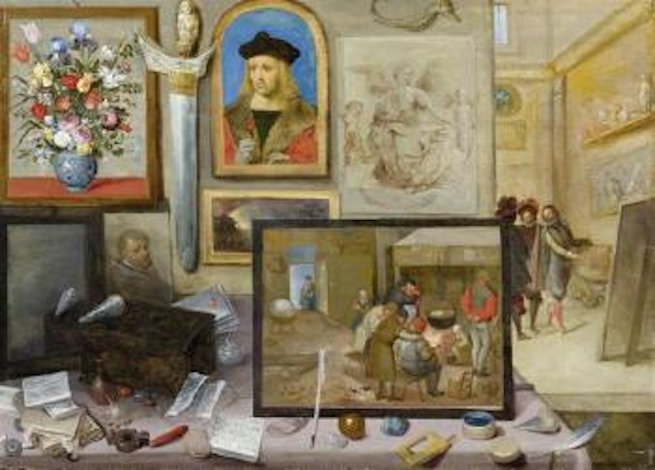 View into the workshop of a painter with a wall of artistic treasures by Frans Francken II