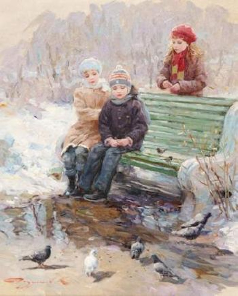 Les fillettes donnant du pain aux pigeons by Constantin Razoumov