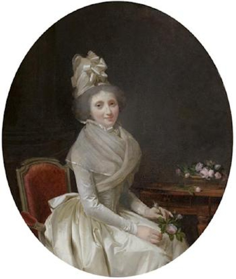 Portrait presume de l'epouse de l'artiste en robe blanche,une rose a la main by Louis-Leopold Boilly