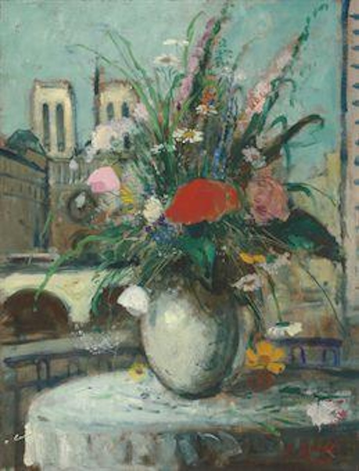 Bouquet champêtre devant la feneêtre ouverte sur Notre Dame de Paris by François Gall