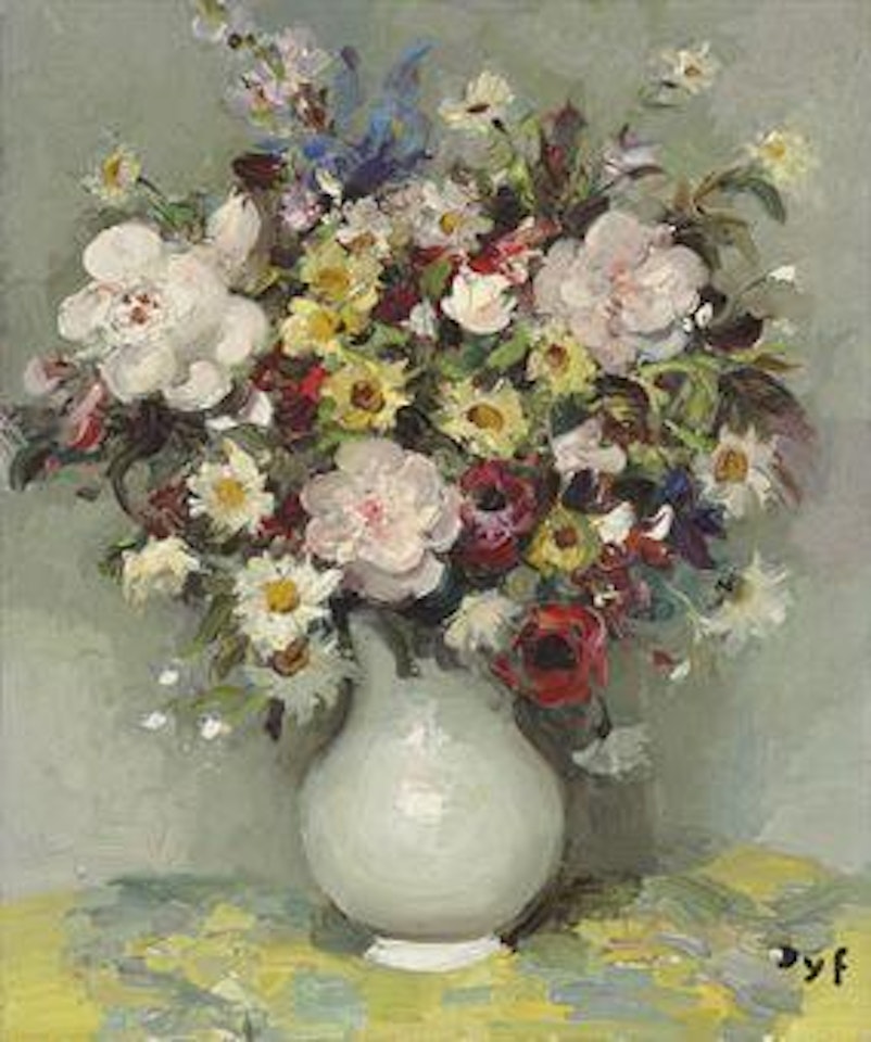 Roses, Anthémys, Marguerites, anémones, un iris bleu, gueules de loup dans un pichet en terre de pipe by Marcel Dyf