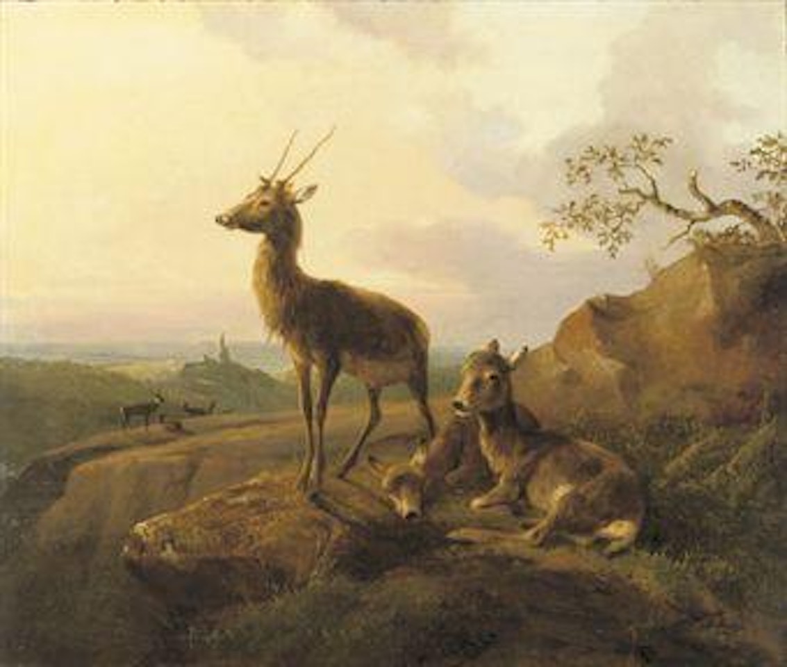 A deer overlooking a valley at dusk by August Knip