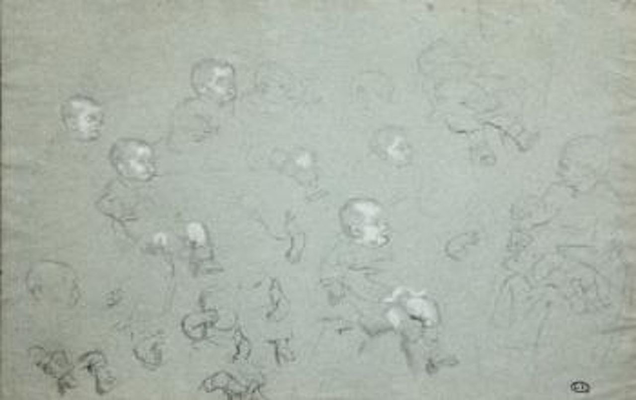 Etudes de têtes d'enfants et de mère tenant un enfant pour La paye des moissonneurs by Léon Augustin Lhermitte