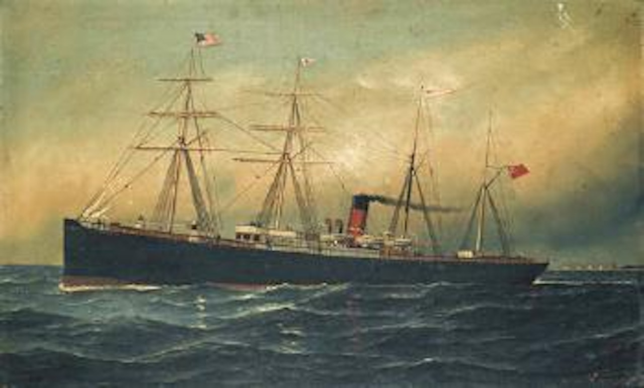 The Wilson Line steamer Egyptian Monarch at sea and bound for New York by Antonio Jacobsen