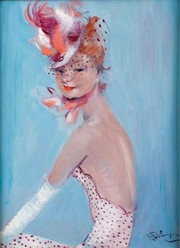 Véronique au bustier et au bibi rouge et blanc by Jean Gabriel Domergue
