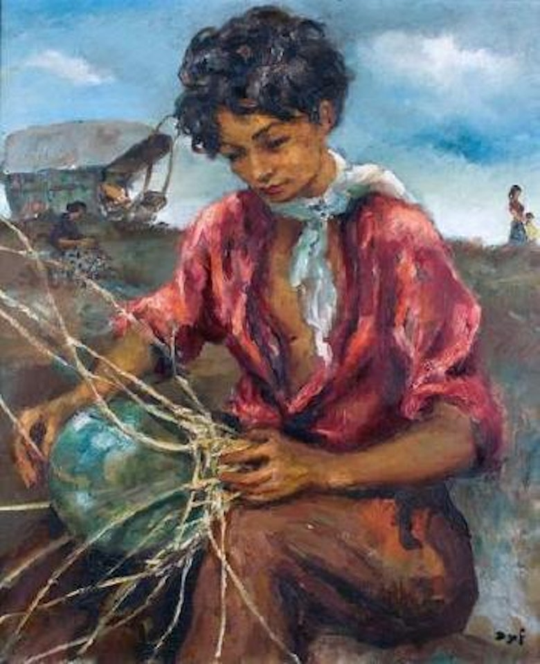 Gitane confectionnant un panier d'osier by Marcel Dyf