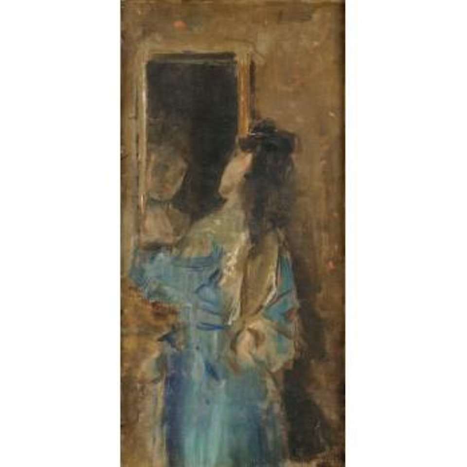 Femme En Bleu Se Regardant Dans Un Miroir by Alfred Stevens