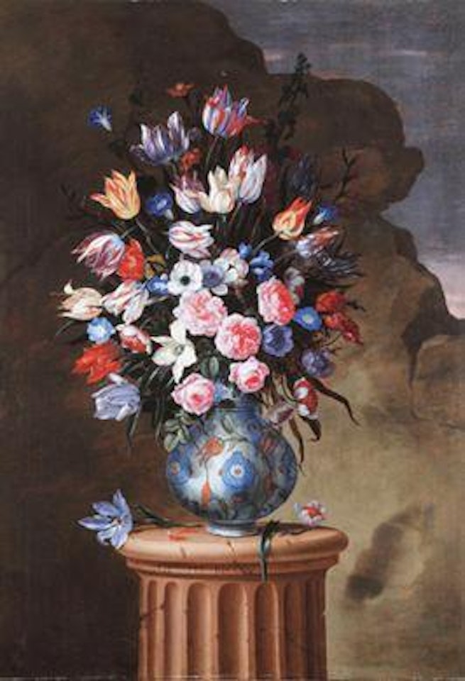 Tulips, roses, peonies, anenomies and other flowers in a vase by Giuseppe Recco