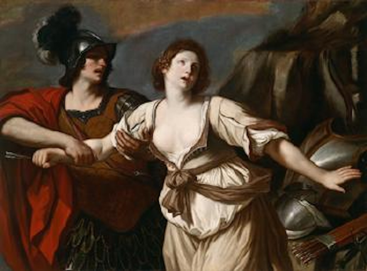 Rinaldo restraining Armida from wounding herself with an arrow by Guercino
