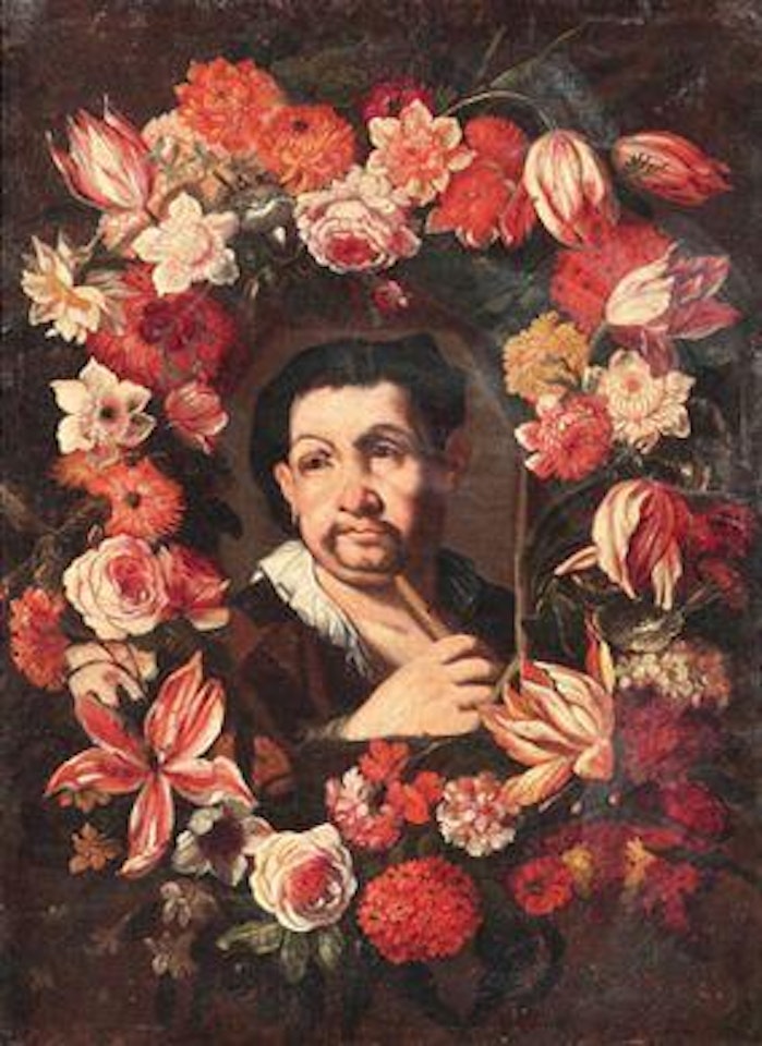 A flute player surrounded by a garland of flowers. A tambourine player surrounded by a garland of flowers by Luca Giordano by Giuseppe Recco