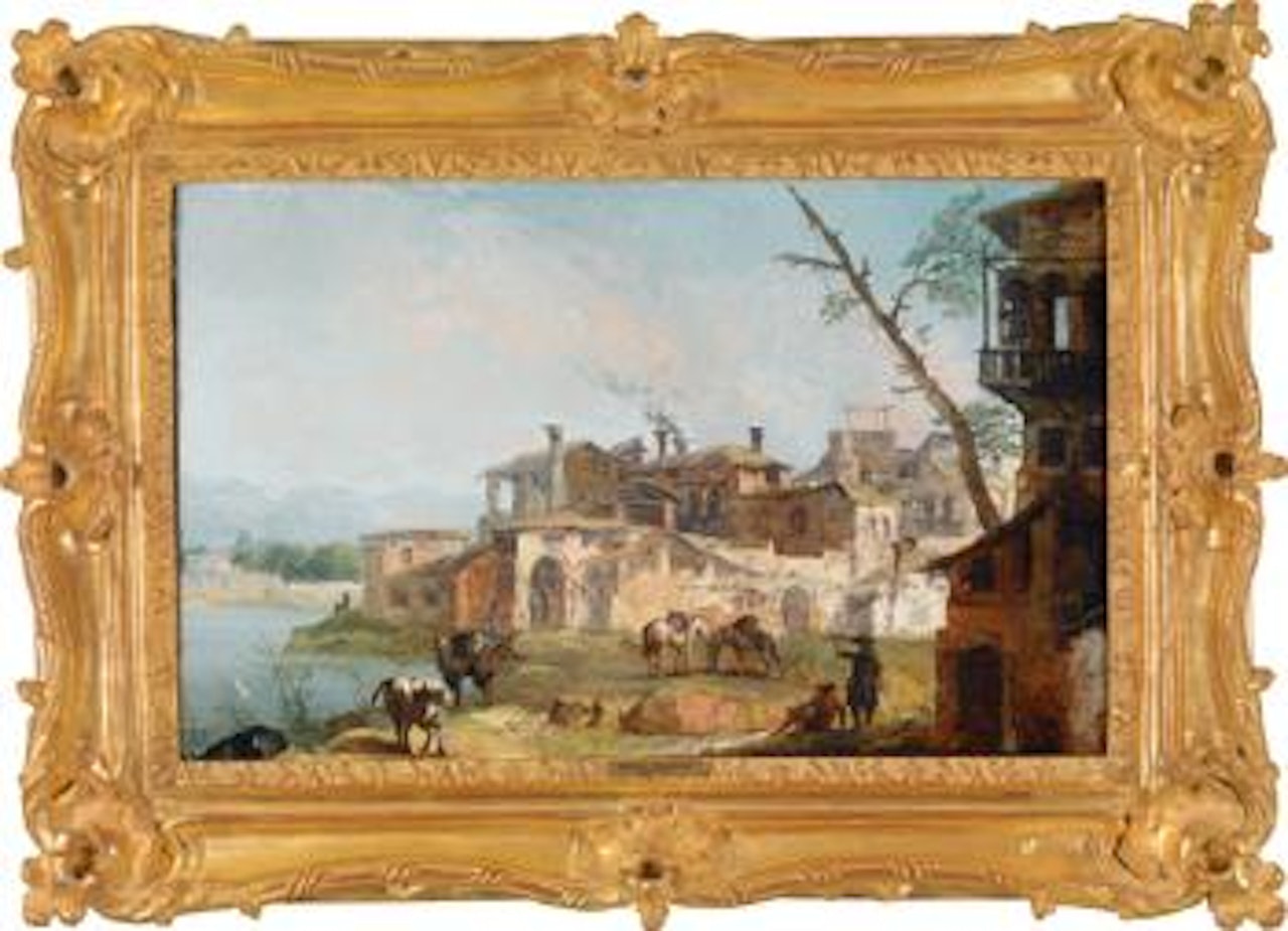 Capriccio with a village by a river and horses in the foreground by Michele Marieschi