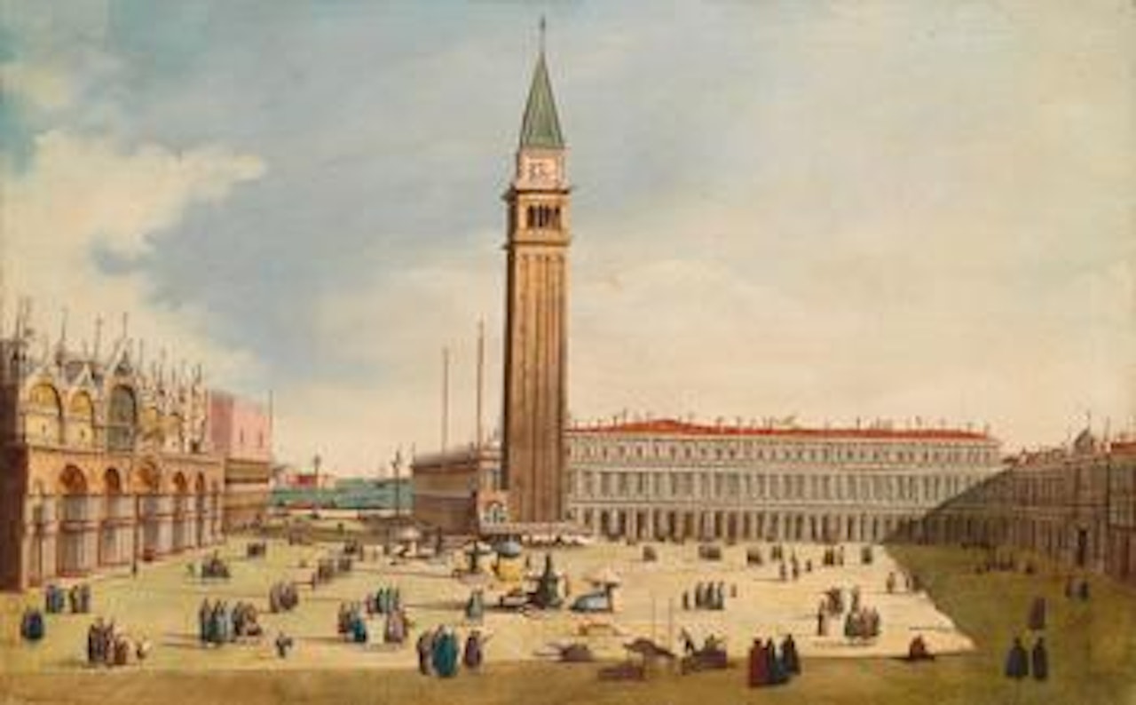 The piazza San Marco in Venice with San Marco to the left, the campanile in the centre and the Biblioteca Sansovino to the right by Venetian School